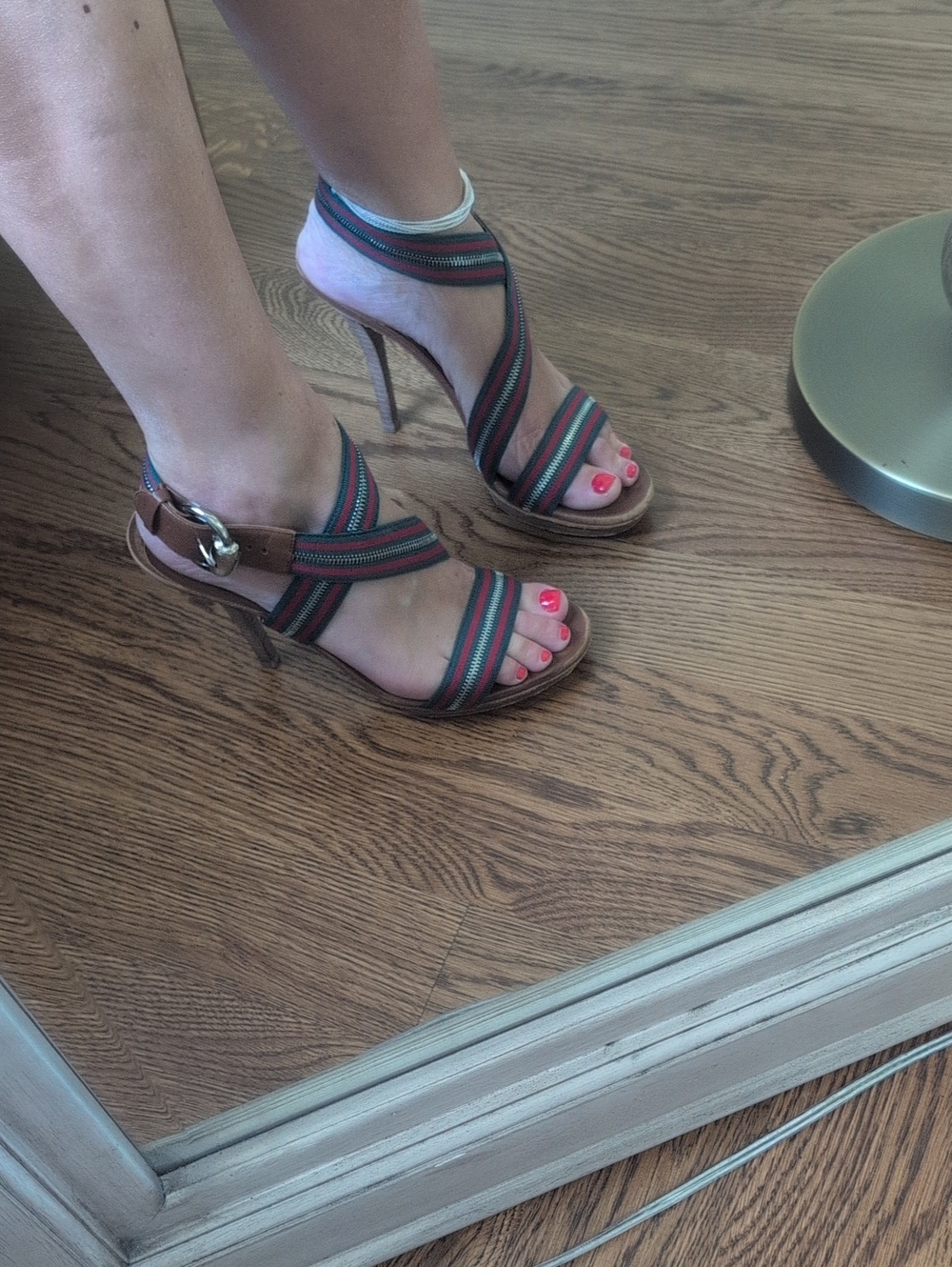 GUCCI RARE! Web Stripe Stilleto Heels Brown Leather Zipper Strap Detail - Women - Picture 2 of 12